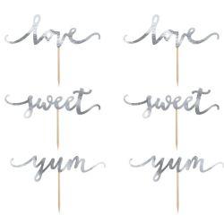 PartyDeco Cake & Cupcake Toppers Love/Sweet/Yum Set/6 - Zilver